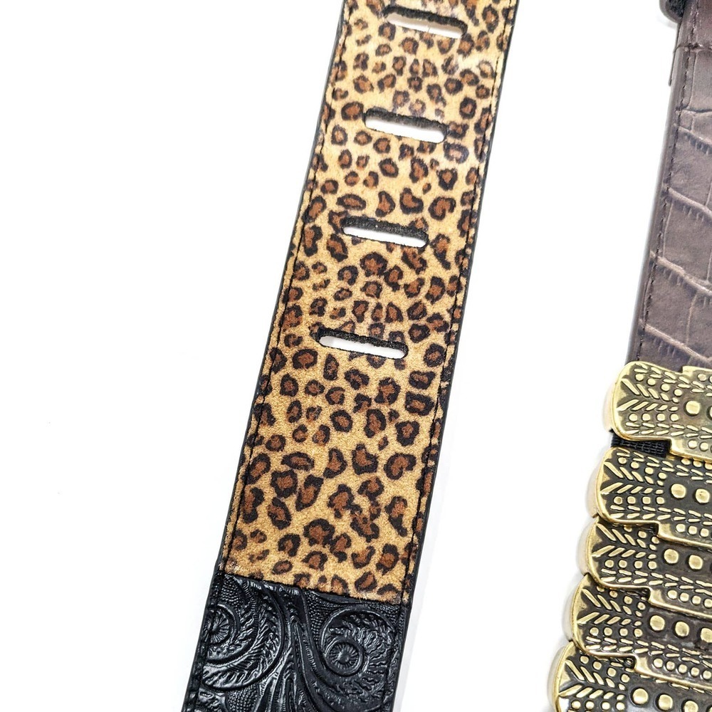 Chicos Belt Womens Medium Brown Black Leather Leopard Brass Gold Boho Western - Picture 3 of 12